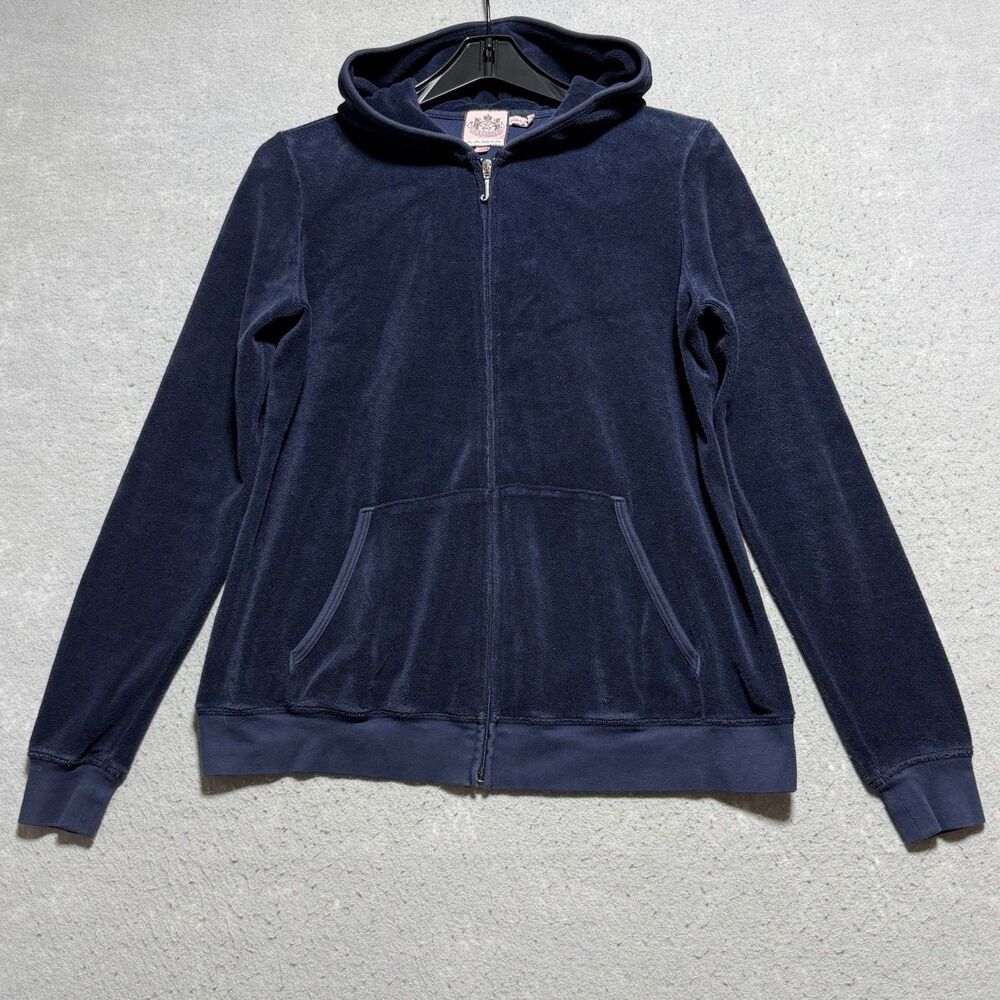 VTG Juicy Couture Sweatshirt Large Navy Blue Hoodie Velour Full Zip Cotton